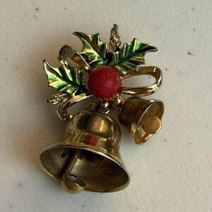 Vintage Gerry's Christmas Bells Brooch Gold Tone Red Berry Green Enamel‎ Leaves